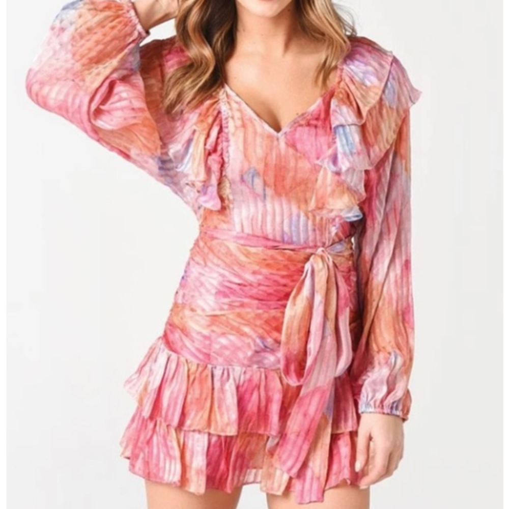 NWT Love Shack Fancy Moxie Silk Dress Rainbow Cloud Long Sleeves 8